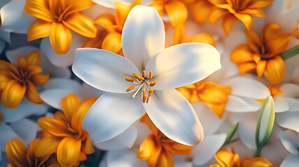 Fototapeta premium Top-view white lily surrounded by golden marigold petals in a serene and elegant floral composition