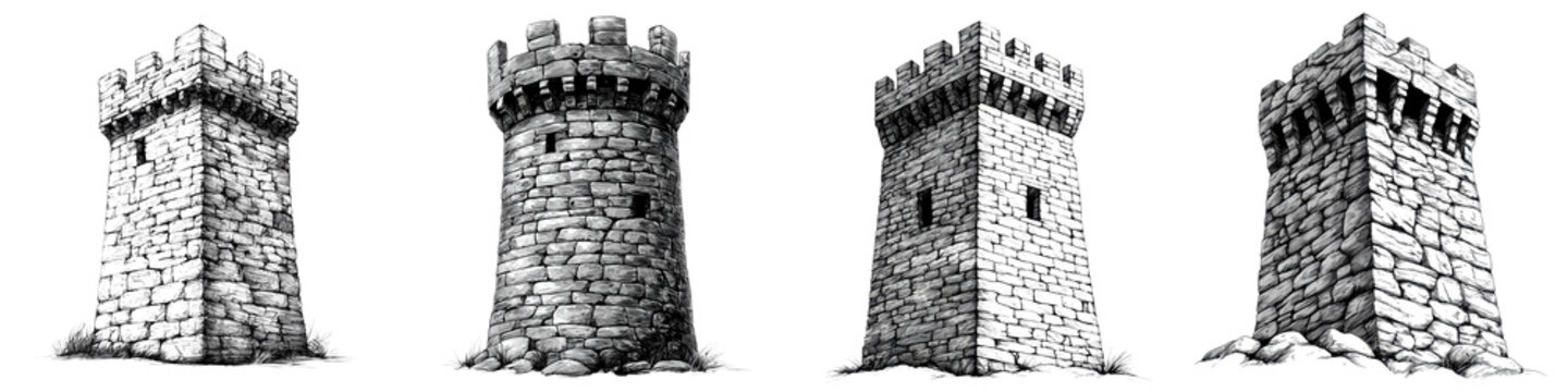 Majestic stone castle towers with Gothic architectural elements and defensive features like turrets battlements and parapets standing tall in a historic weathered landscape