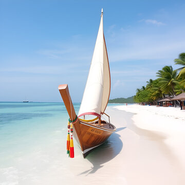 traditional paraw sailing boat on white beach
