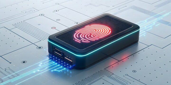 Futuristic Device with Fingerprint Sensor on Abstract Circuit Background