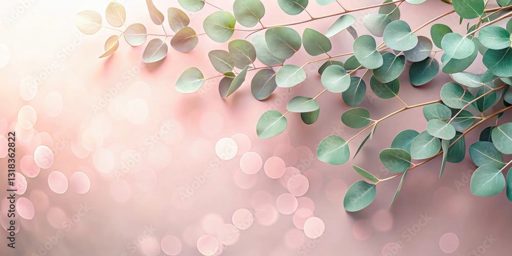 Leinwandbilder delicate green eucalyptus branches resting on a soft pink background with a gentle bokeh effect