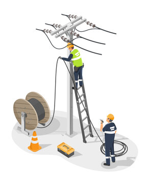 fiber optic cable internet broadband installation on Electric pole Technicians team service isometric isolated cartoon