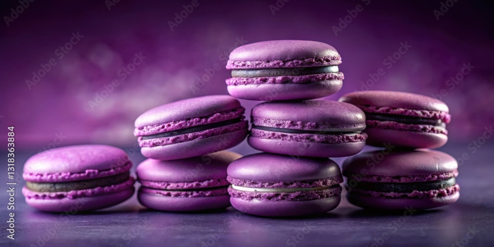 Aufkleber a delicate arrangement of purple macarons with a hint of chocolate filling, resting on a smooth purp