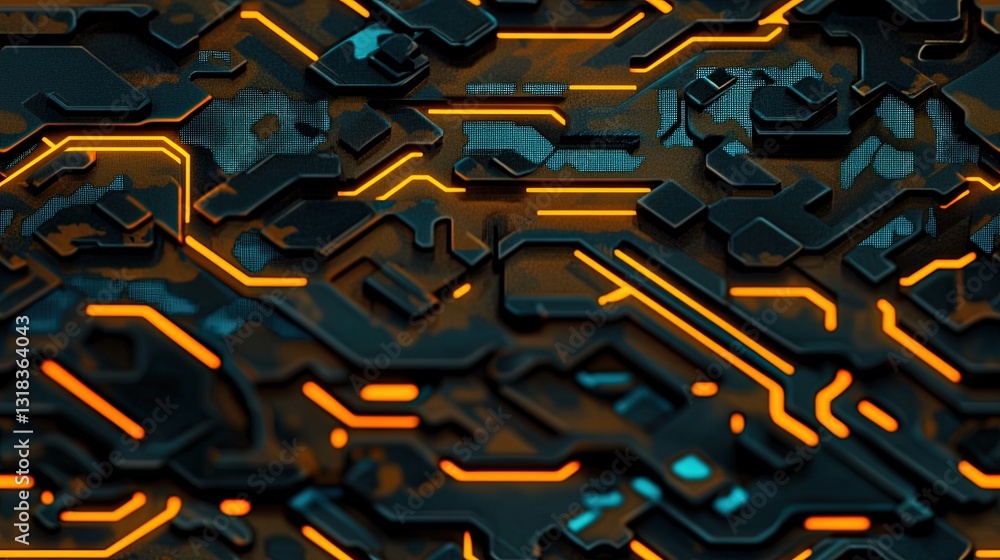 Aufkleber abstract digital circuitry design with glowing orange lines and dark textured surface for technology