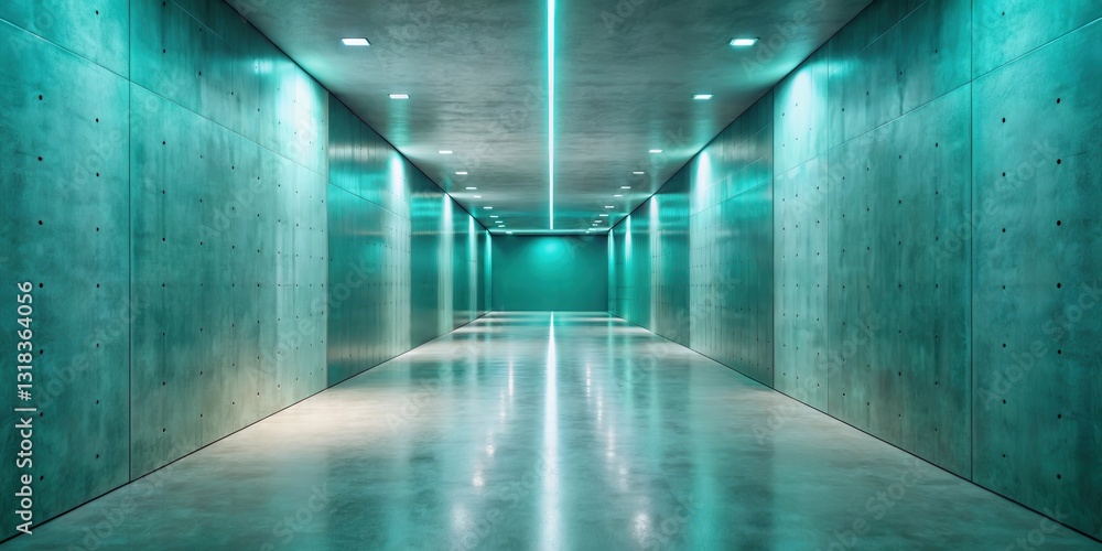 Poster a long, narrow corridor with teal walls and a polished concrete floor, illuminated by a single line 