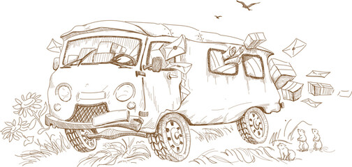 Postal vehicle drives fast on rough roads and loses letters and parcels. Vector cartoon illustration in engraving style