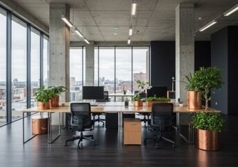 Fototapeta premium Spacious office with plants and dark wall
