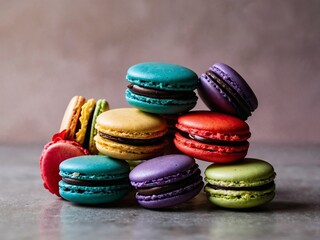 The colorful hues of the macarons make the image stand out. The smooth texture of the shell and the sweet cream exude the artistry of a high-quality dessert. Generative AI.