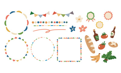 カラフルでフラットな丸のフレーム・ガーランド・四角のフレーム・ラインとマルシェの食材・花・ラベルのベクターイラスト素材セット Vector illustration set of colorful flat round frames, garlands, square frames, lines and marche ingredients, flowers and labels.