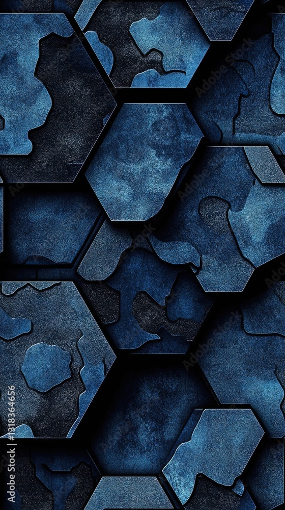 Poster abstract geometric hexagonal pattern in dark blue tones with textured surfaces creating a modern and