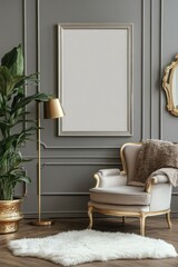 Elegant living room with armchair, gold lamp, and blank frame.