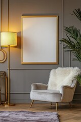 Elegant living room with armchair, lamp, and blank frame.
