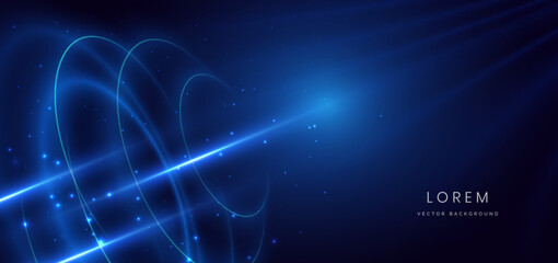 Scene futuristic neon circles glowing blue light lines with on dark blue background and lighting sparkle.