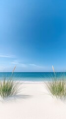 A beach scene with a blue sky and a body of water