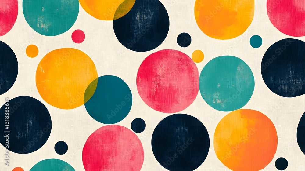Poster a modern colorful polka dot fabric pattern with varying circle sizes on a neutral background