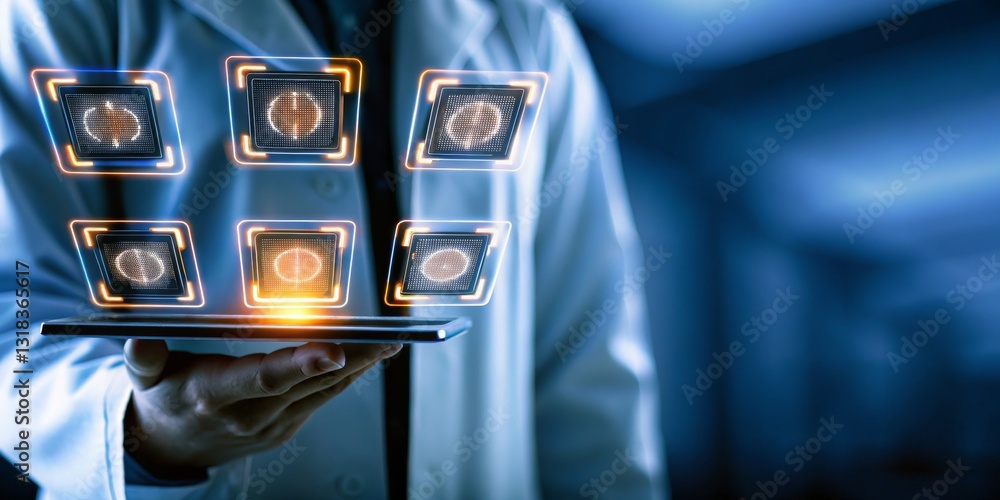 Poster scientist holding a digital tablet with virtual interfaces displayed above.