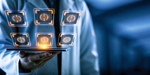 Scientist holding a digital tablet with virtual interfaces displayed above.