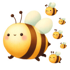 Obraz premium Playful honeybee concept. Cute cartoon bees with smiling faces and pastel-colored wings, depicted in a playful and cheerful manner.