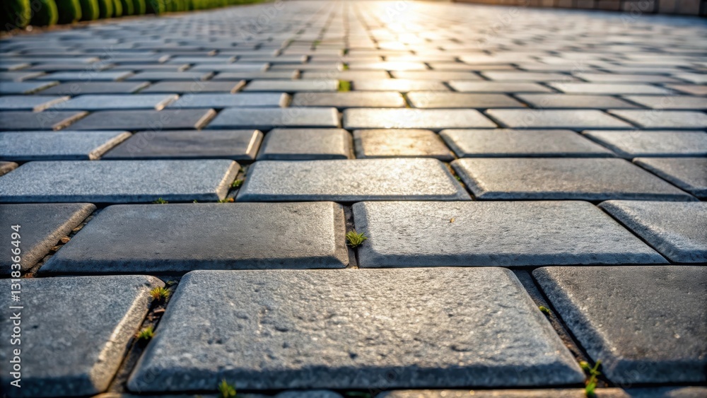Aufkleber A close-up view of a paved walkway with a slight perspective distortion, showcasing the intricate details of the stone tiles and the soft sunlight filtering through the gaps