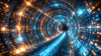 Digital tunnel, glowing with binary code