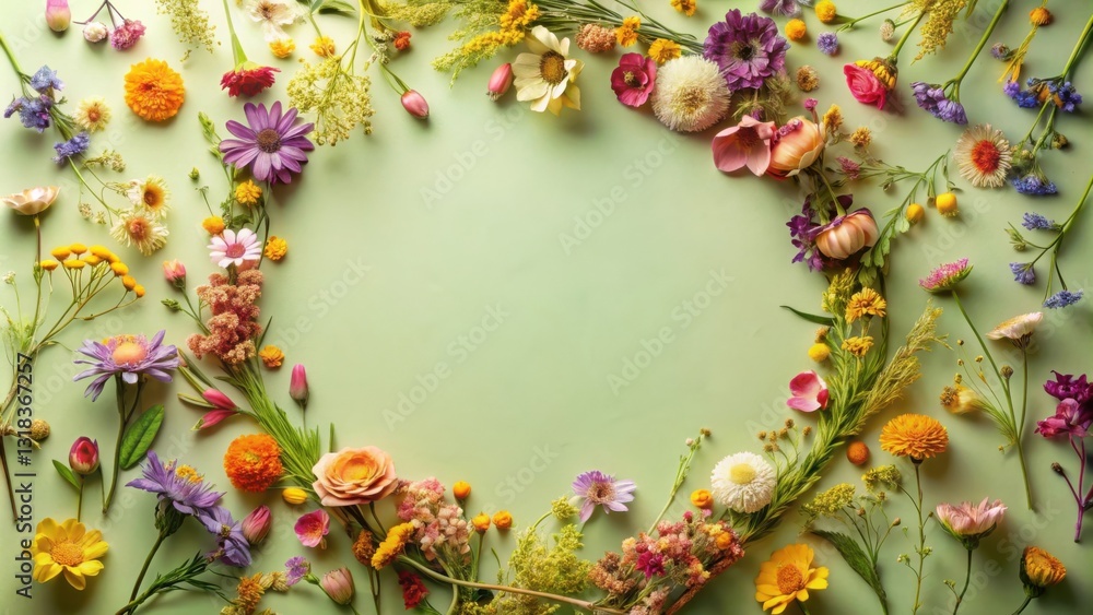 Aufkleber a vibrant floral border on a green background with an empty center for text or design