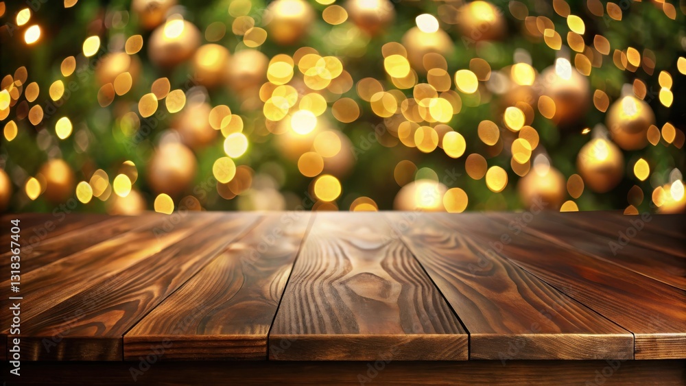 Poster a rustic wooden table with a blurred background of golden ornaments and green foliage, perfect for s