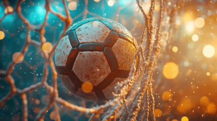 Dirty soccer ball in net, bokeh background