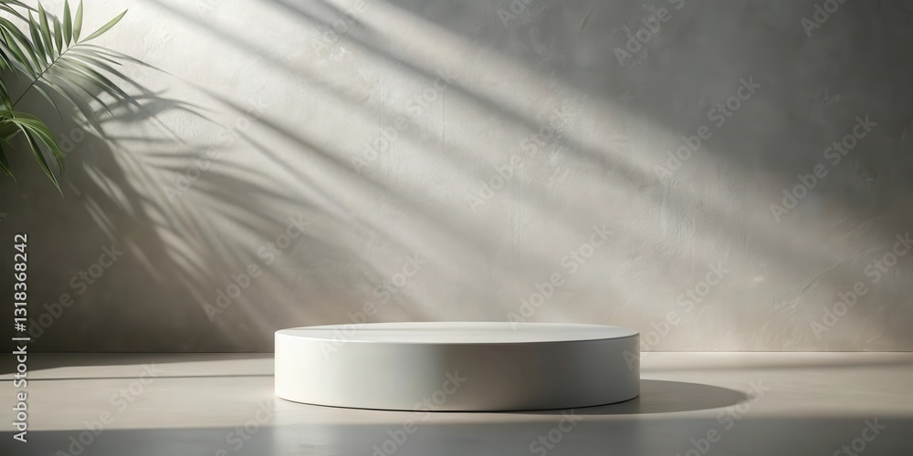 Poster Minimalist Product Display with a White Platform and Subtle Leaf Shadow on a Light Gray Wall