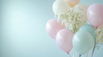 Baby shower celebration background with pastel confetti and delicate floating ribbons