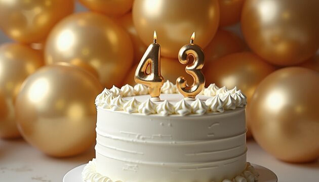 Elegant cake with 43 candles against golden balloons for birthday celebration