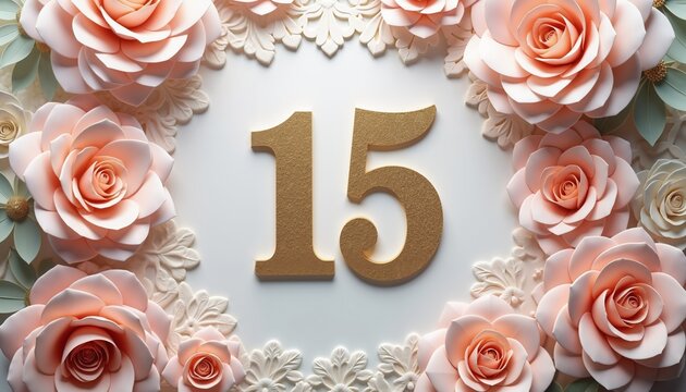 Elegant gold number 15 surrounded by paper flowers, perfect for anniversary invitations - Powered by Adobe