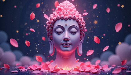 Gentle Buddha face with petals in cosmic theme, spiritual serenity