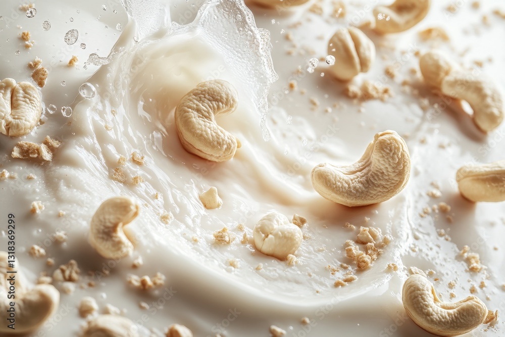 Poster cashews and splash of milk: cashews scattered around a creamy milk splash, captured in a high-angle 