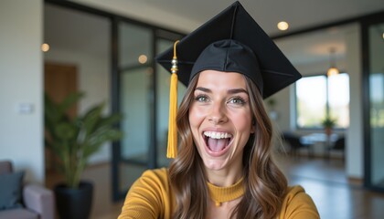 Excited graduate with cap smiling indoors, perfect for academic success themes