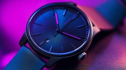 A sleek black watch rests against a shimmering surface, radiating under striking purple and blue lighting. The minimalist design highlights understated elegance and precision