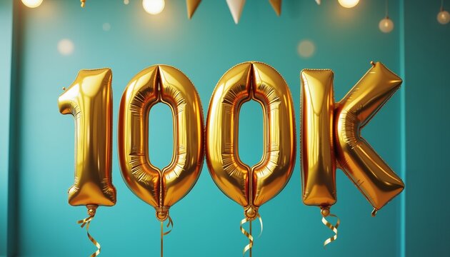 Golden 100K balloons with teal background, festive celebration, milestone achievement