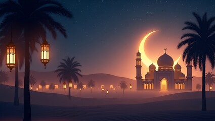 Stunning Ramadan night scenery with a glowing crescent moon, mosque, lanterns, desert, and palm trees.