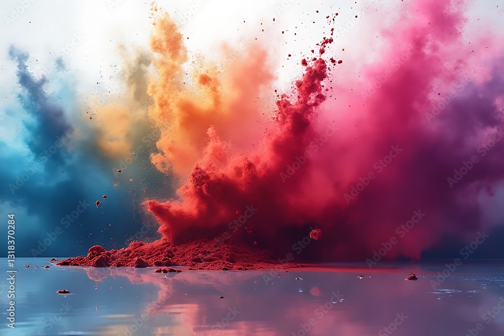 Poster dynamic color explosion event abstract art background vibrant powder splash studio setting eye-level