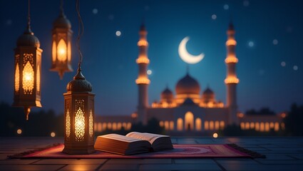 Stunning Ramadan night scenery with a glowing crescent moon, mosque, lanterns, desert, and palm trees.
