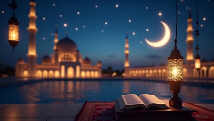 Stunning Ramadan night scenery with a glowing crescent moon, mosque, lanterns, desert, and palm trees.