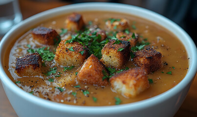 Creamy Soup with Toasted Croutons and Fresh Parsley