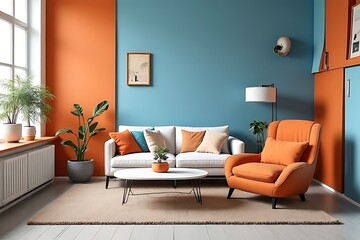 Cozy living room interior design with orange and blue accents modern home decorative style bright atmosphere