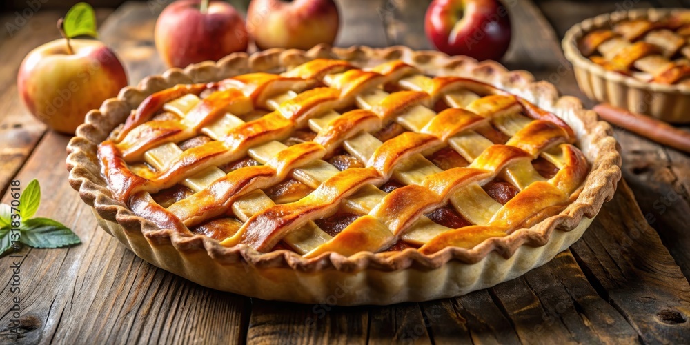 Aufkleber a golden brown lattice-top apple pie sits on a rustic wooden table, surrounded by juicy apples, hint