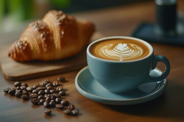 cup of coffee with latte art and croissant with coffee beans on wooden table in cafe 