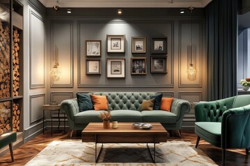 Fototapeta premium Elegant living room with green sofa, wood flooring, and gallery wall.