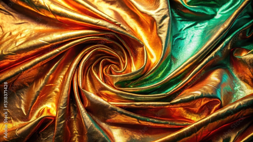 Leinwandbilder A swirling pattern of golden and emerald fabric, creating a captivating display of texture and depth.
