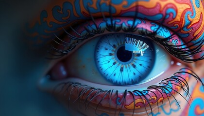 Vividly painted blue eye closeup with intricate designs, artistic expression