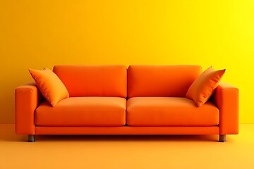 Fototapeta premium Vibrant orange sofa set against yellow wall interior design modern living room contemporary style eye-level perspective