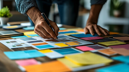 Obraz premium Hands Planning Project with Colorful Sticky Notes