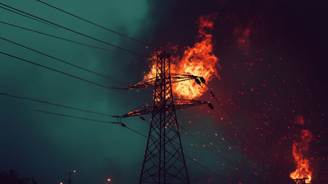 High voltage Power transmission tower pole line on fire 